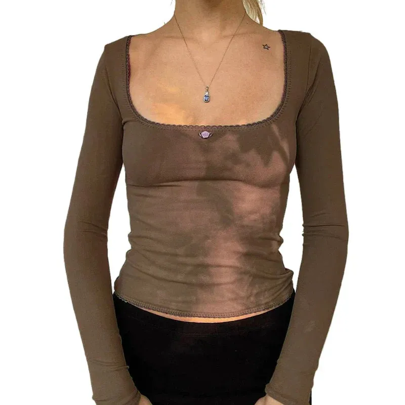 Znbbw y2k Floral Lace Crop Top Women's Square Neck Long Sleeve Top Basic T Shirt Vintage Full Sleeve Aesthetics Harajuku Tees 0410 - Image 4