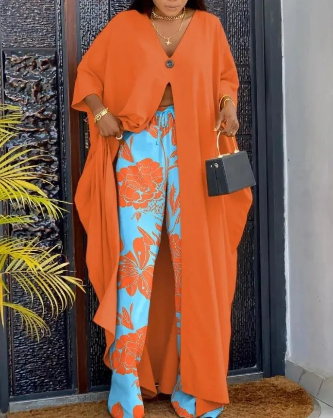 Znbbw Women Printed Pant Sets Summer Loose High Split Top Sundress High Waist Flare Wide Leg Pants Set Female Casual Two Pieces Set - Image 2