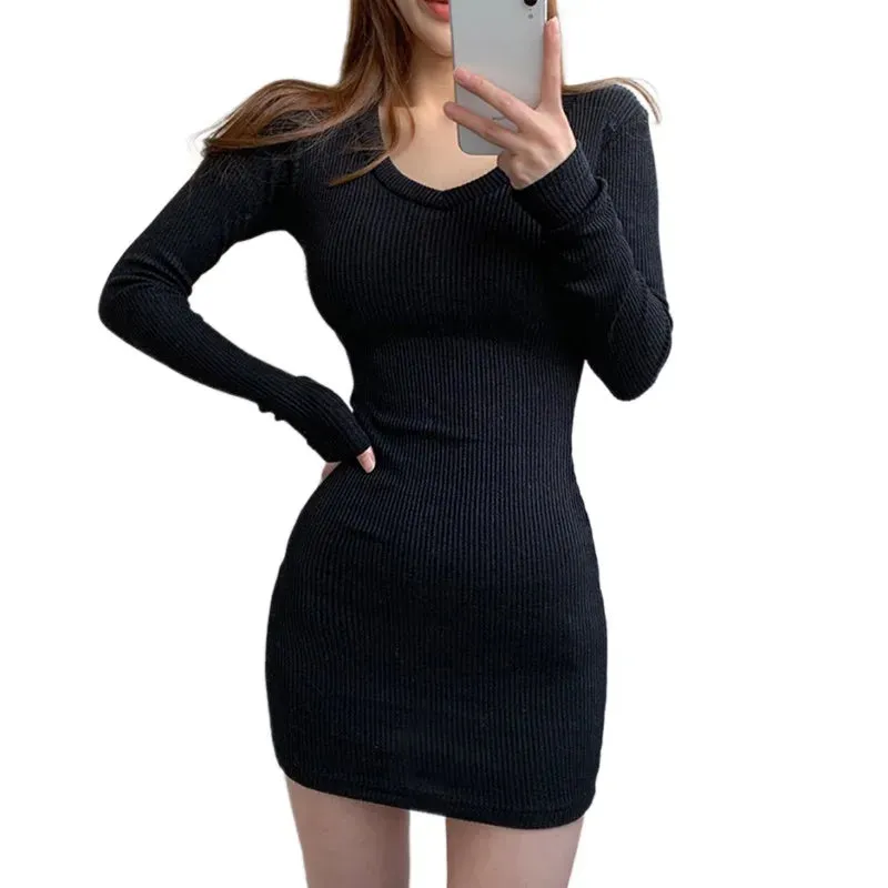 Znbbw Autumn/Winter Dress Solid V-neck Slim Fit Sexy Wrap Hip Elastic Long Sleeve Dress - Image 3