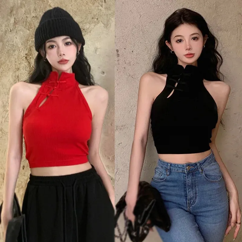 Znbbw Women's Camisole Chinese Style Slim Sexy Halter Retro Sleeveless Tank Tops - Image 3