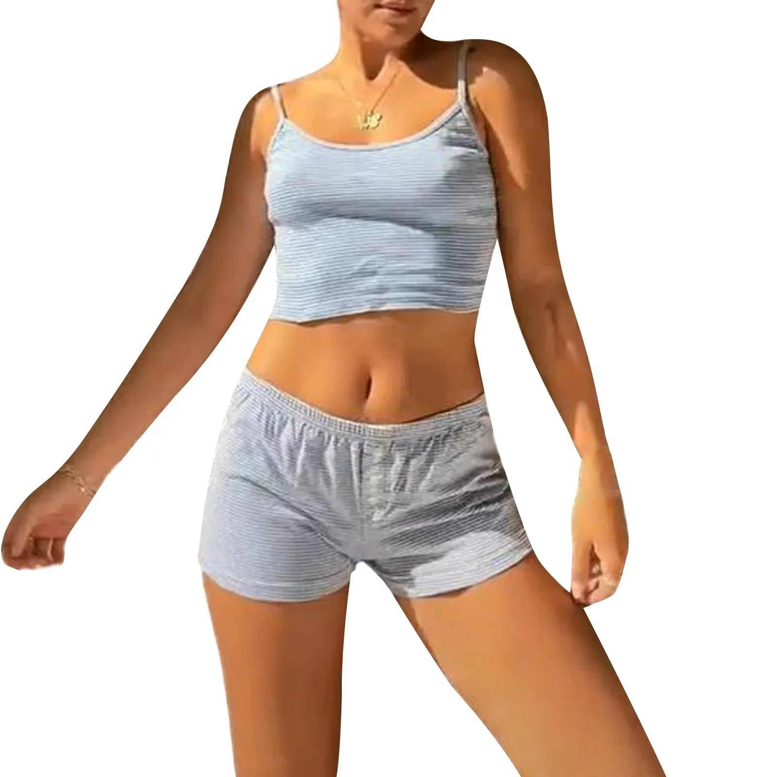 Znbbw Women Summer y2k Fairy Kawaii Flower/Striped Sleeveless Spaghetti Strap Crop Tops+Shorts Slim Fit 2000s Aesthetic Clothes - Image 8