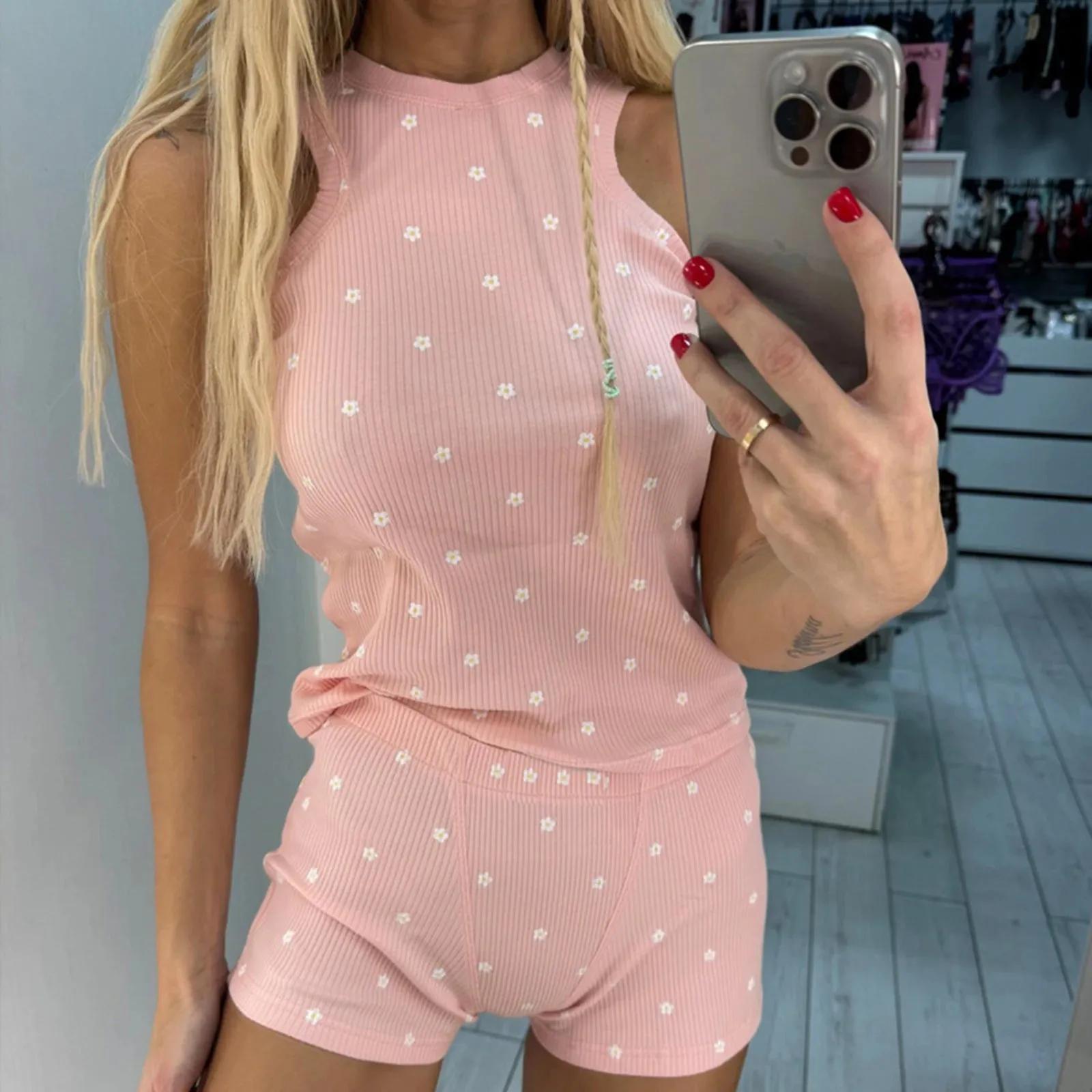 Znbbw Women Summer Sexy Two Piece Outfits Shorts Sets y2k Fairycore Grunge Heart Print Sleeveless Tanks Tops Shorts Aesthetic Outfits - Image 4