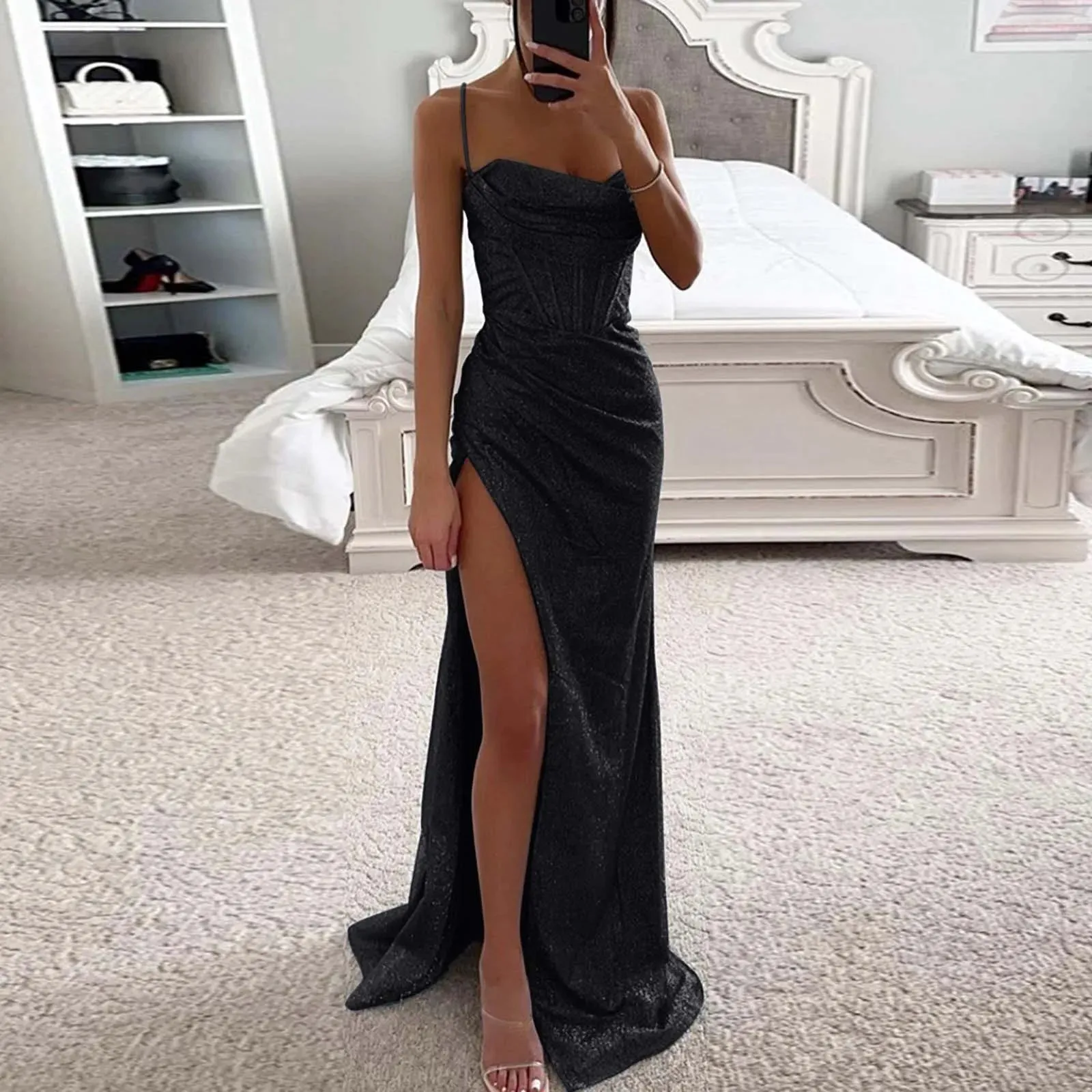 Znbbw Gentle Light Blue Long Evening Prom Dress Women Sexy Sequins High Slits Spaghetti Straps Dress Female Graduation Gowns - Image 4