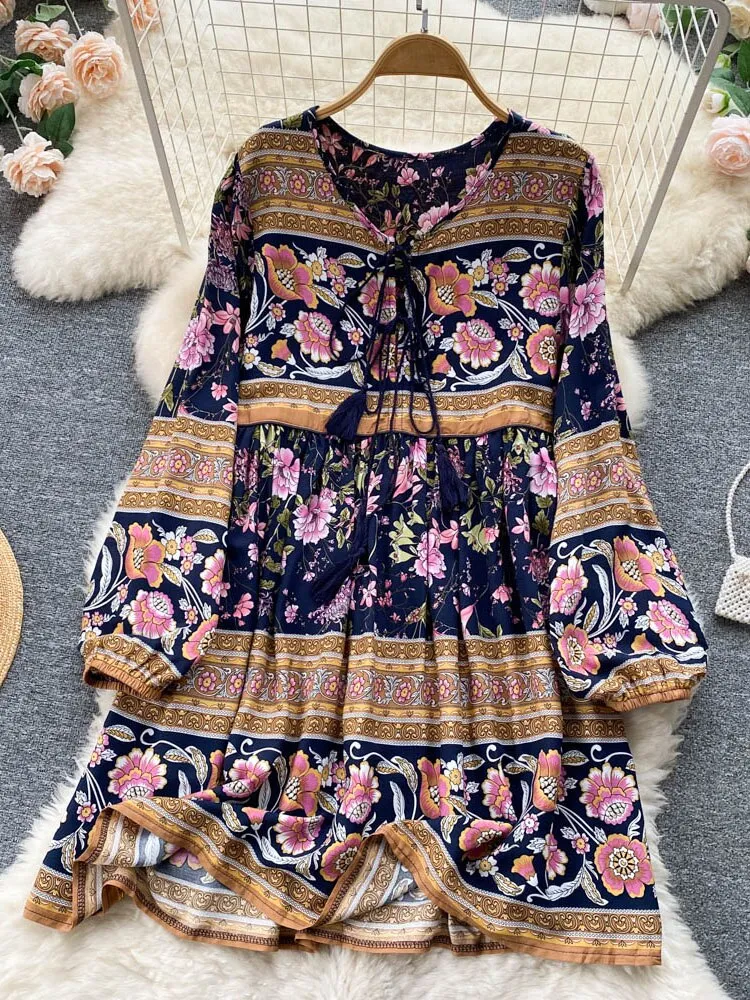 Znbbw Autumn Women's Travel Holiday indie Style Dress New Sweet Loose Thin Printed Long-sleeved Mid-length Dress GD647 - Image 3