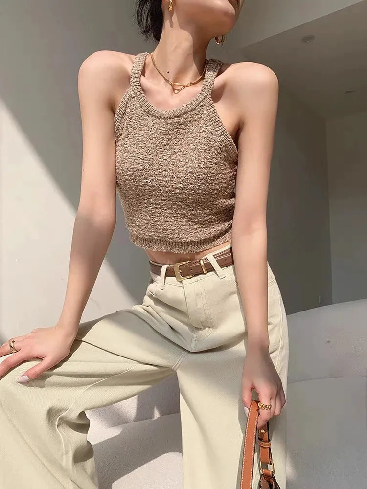 Znbbw Women Halter Collar Tank Crop Tops Female Sleeveless Short Knitted T-Shirt Stretchy Camisole Tees for Slim Girls - Image 5