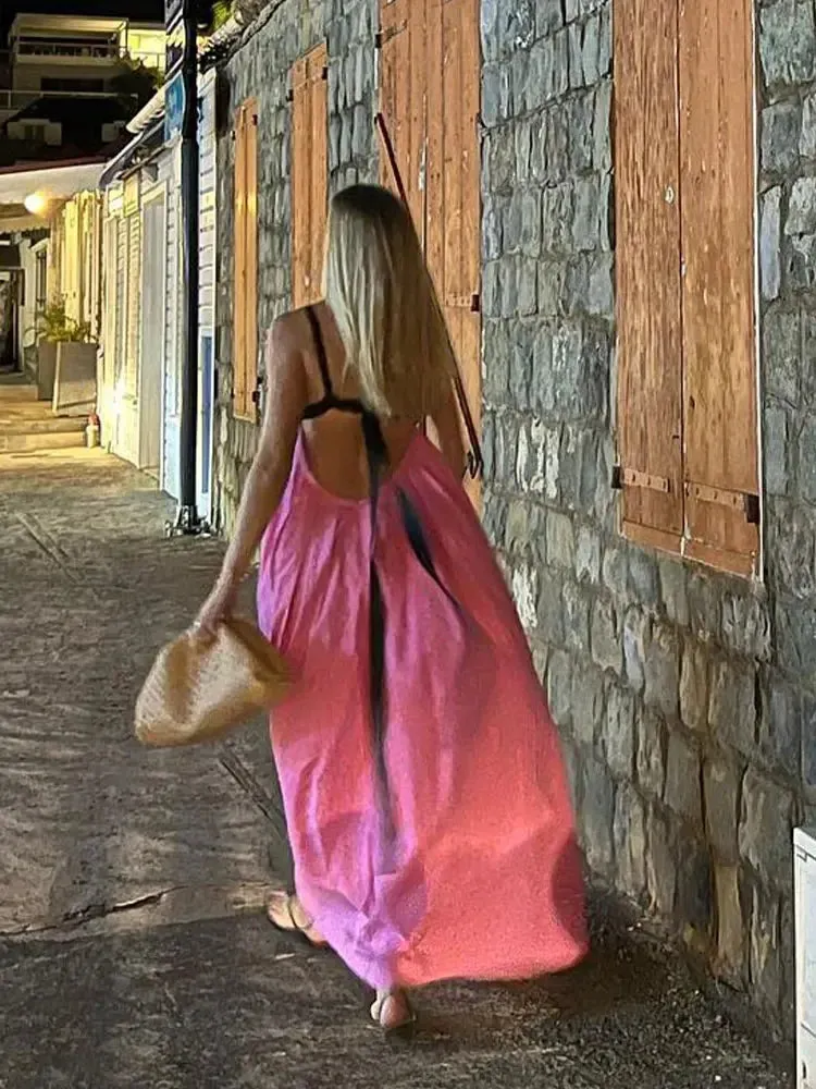 Znbbw Color Lace Up Sling Maxi Dress Ladies Sexy Backless Off Shoulder Sleeveless Dresses Loose Female Party Holiday Robes - Image 5