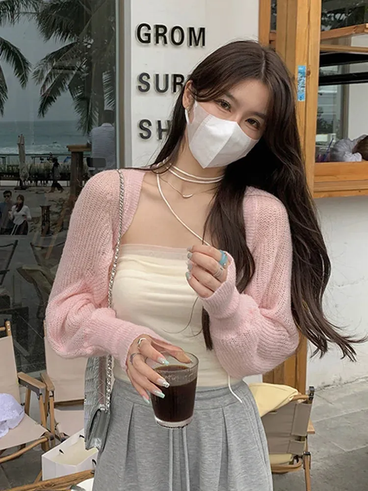 Znbbw Women Spring Summer Soft Sweaters Cardigans Lady Solid Shawl Female Long Puff Sleeve Short Knitted Coat - Image 7