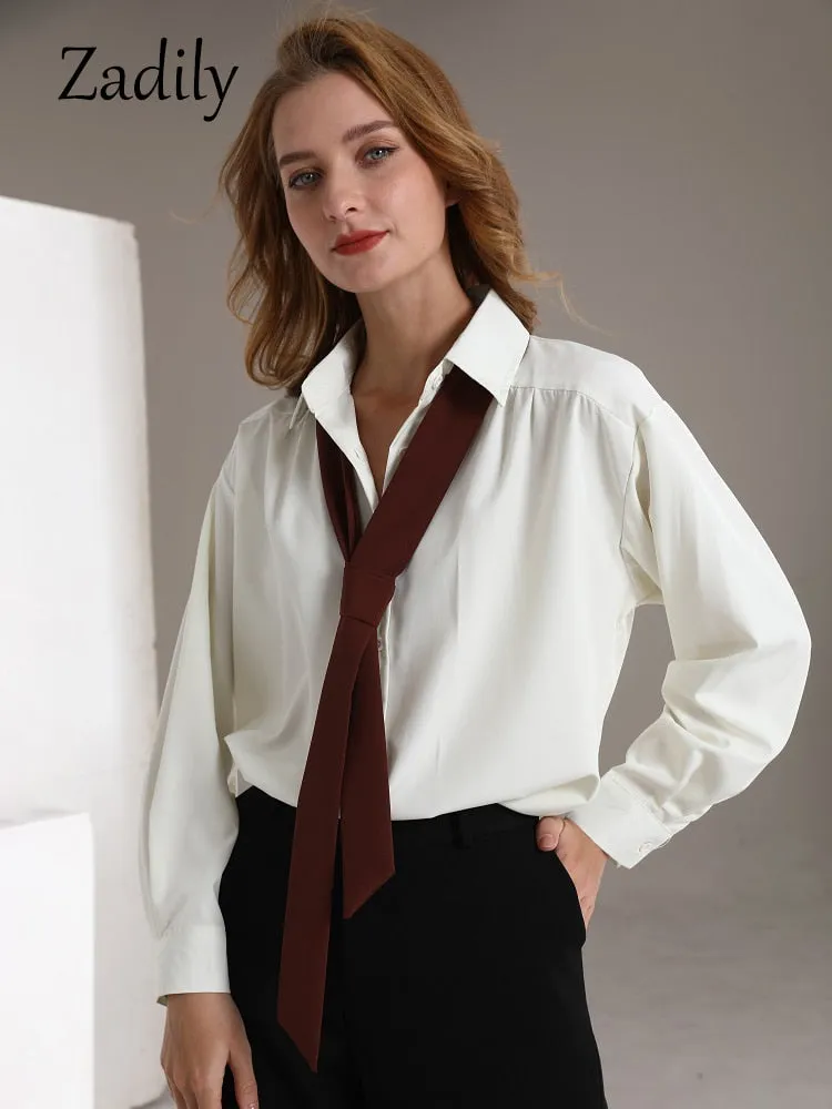 znbbw 2023 Spring Office Lady Long Sleeve Folds Women Basic Shirt Minimalist Tie Button Up Loose Woman Tunic Blouse Clothing - Image 4