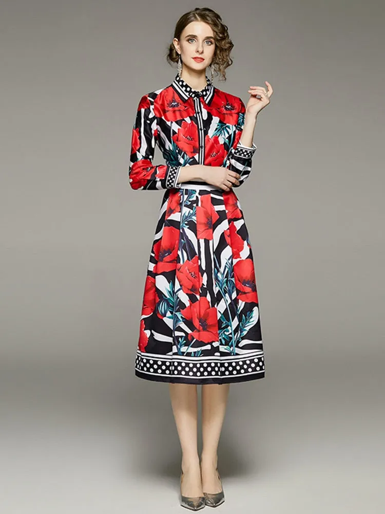 Znbbw Autumn Fashion Runway Shirt Dress Women's Long Sleeve Lapel Elegant Stripe Red Flower Print OL Midi Dress with Belt - Image 3
