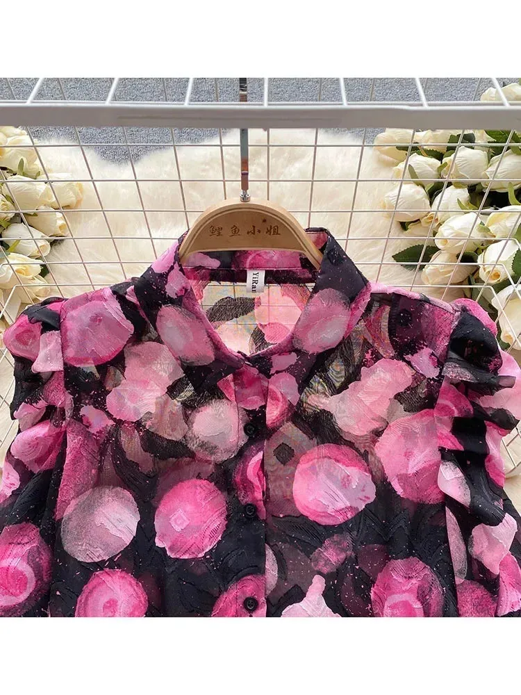 Znbbw Women Spring Autumn Shirt Retro Romantic Atmosphere Printed Shirt with Bubble Sleeves Design High Grade Small Style Top D5496 - Image 4