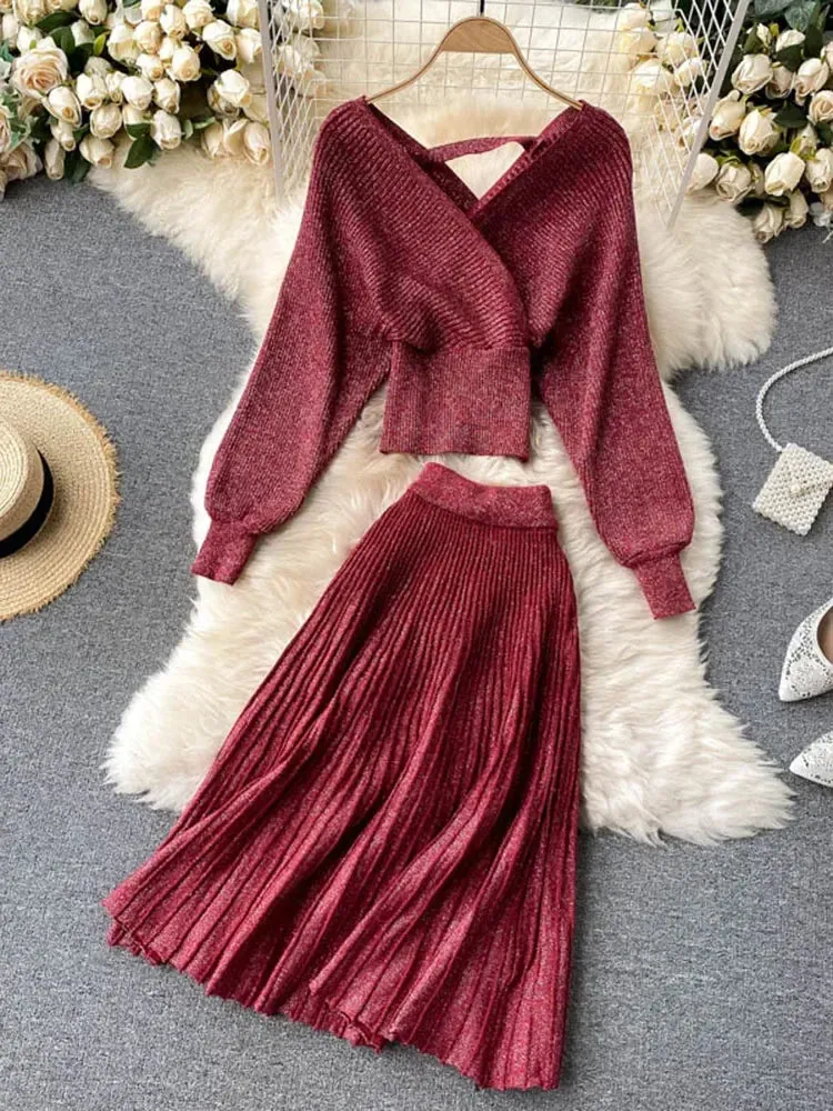 Znbbw Women Korean New Style Cross V-neck Puff Sleeve Short Waist Top + Elastic High Waist Pleated Skirt Knitting Two Piece D039 - Image 7