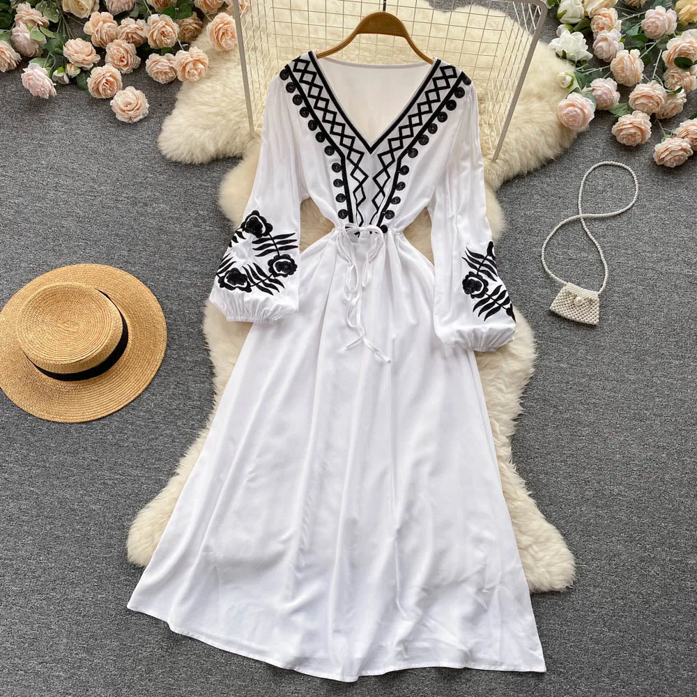 Znbbw Autumn Waist Slim Embroidery Temperament V-neck Dress Female Hepburn Style Lantern Sleeve Black Long Vestidos Women D1570 - Image 8