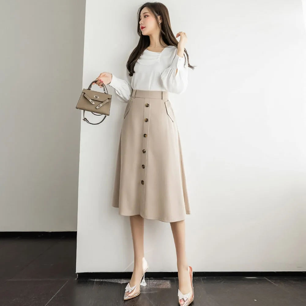 Znbbw Women's Skirts High Waist Single-Breasted Midi Skirts With Poakets Elegant Office All-Match Casual A-Line Skirts Jupe Femme 0410 - Image 5