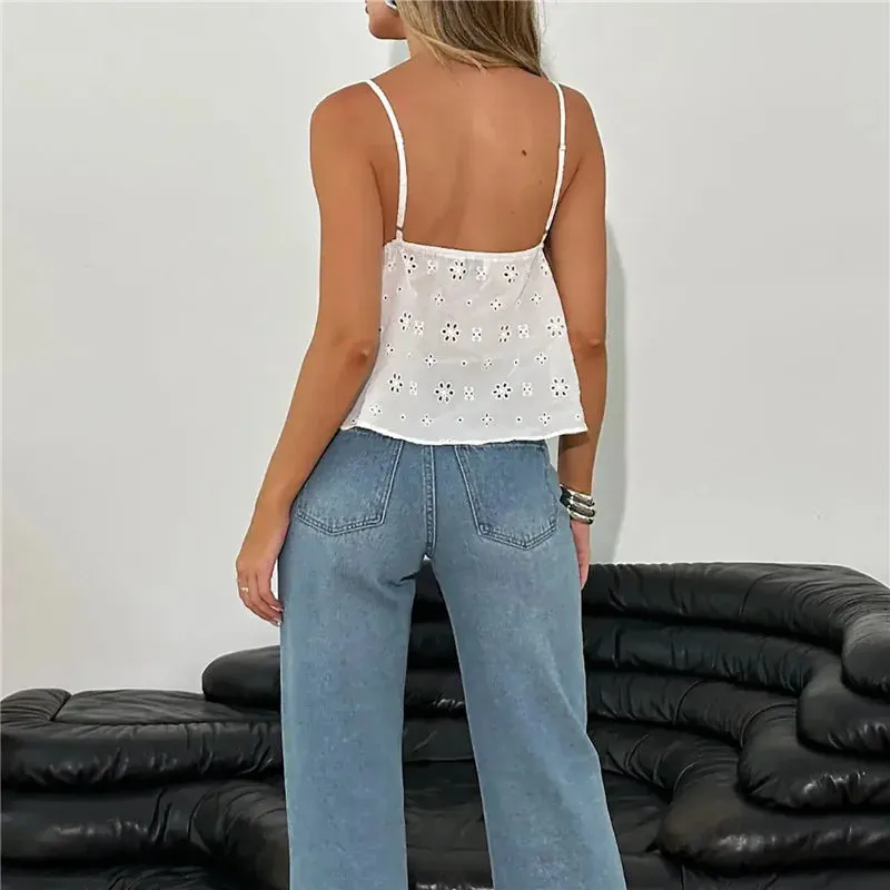 Znbbw Women Summer y2k Fairycore Grunge Sleeveless Crop Tops Flower Hollow Elegant Bow V-neck Tanks Camis Kawaii Aesthetic Tops - Image 4