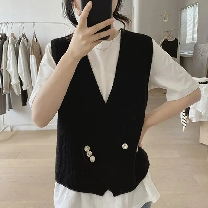 Znbbw Women's Spring and Autumn New Loose, Simple, Slim, and Small Style V-neck Knitted Tank Top - Image 6