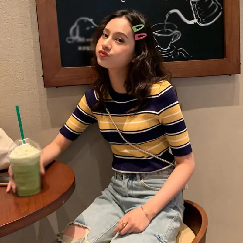 Znbbw Women's Striped Printed Sweater T-shirt Slim Fitting Short Sleeved Round Neck Knitted Sweater - Image 3