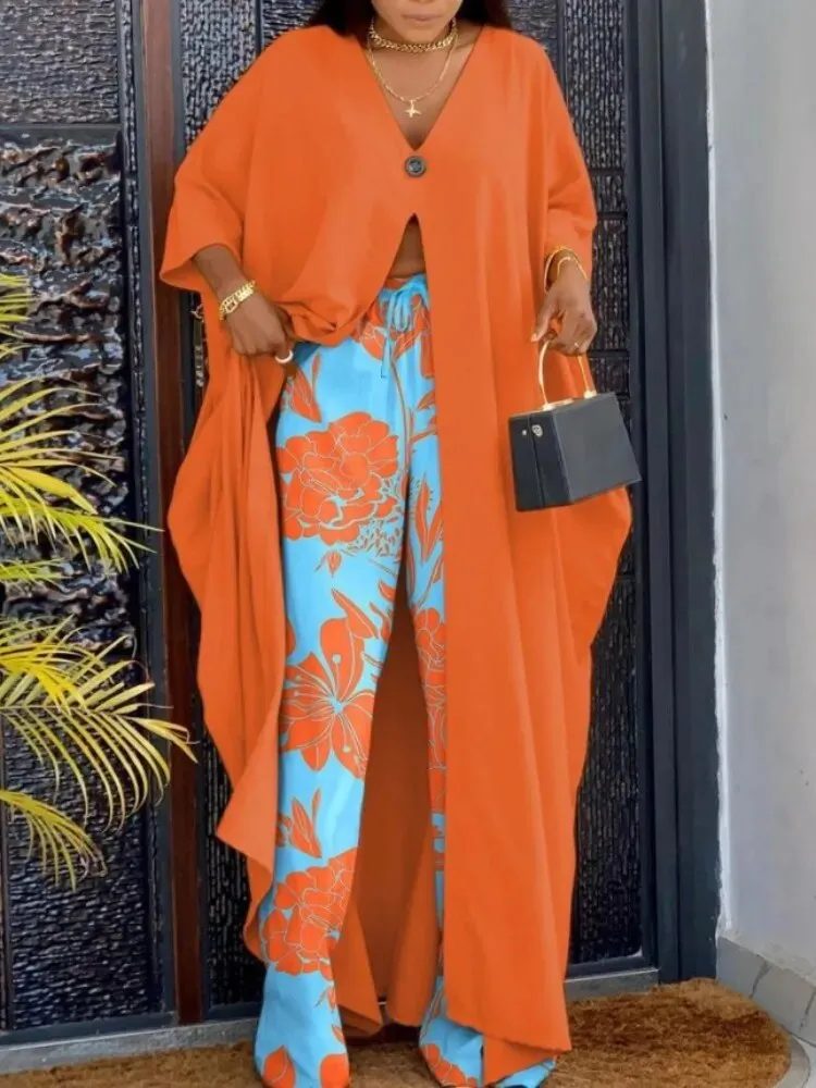 Znbbw Women Printed Pant Sets Summer Loose High Split Top Sundress High Waist Flare Wide Leg Pants Set Female Casual Two Pieces Set