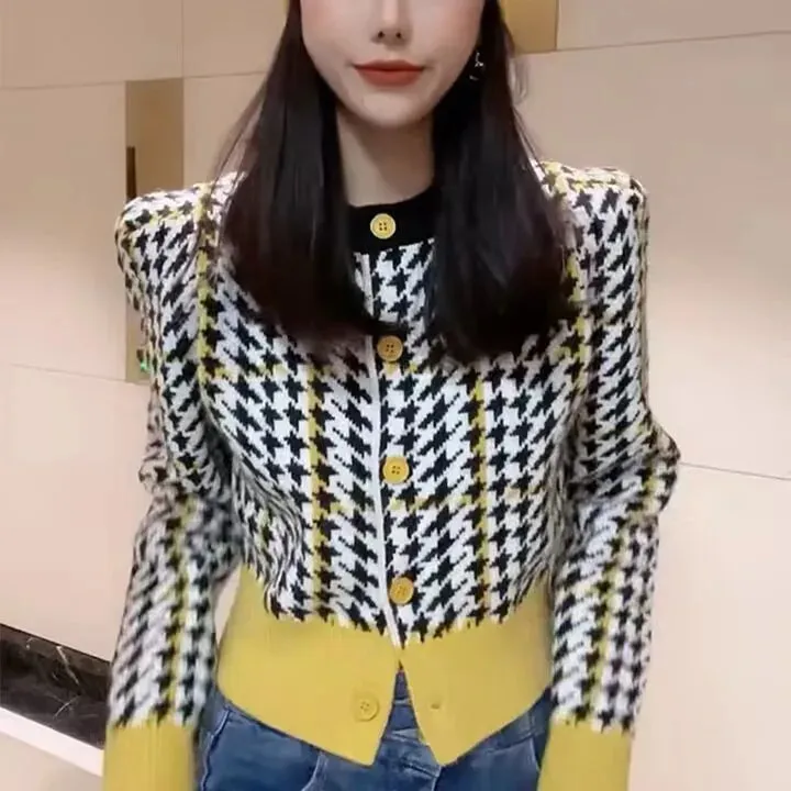 Znbbw Goods Colored Thousand Birds Knit Cardigan Women 2024 Autumn And Winter New Round Neck Fashion Retro Short Sweater Tops - Image 6