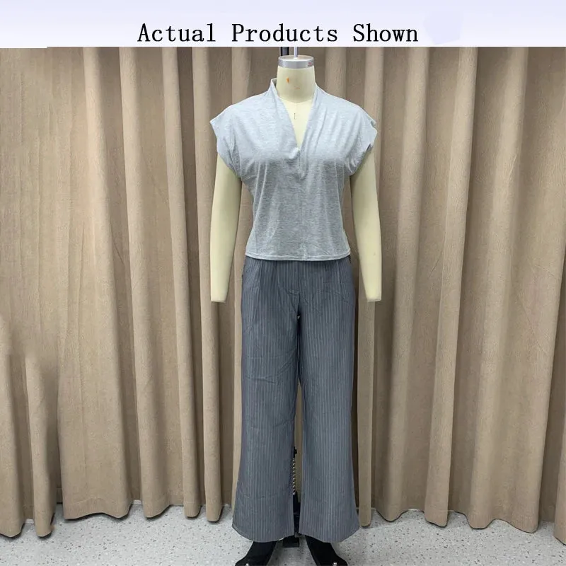 Znbbw 2 Piece Set Autumn Women Office Solid V Neck Sleeveless Vest Top Casual Loose Wide Legs With Pockets Pants Set Streetwear - Image 5