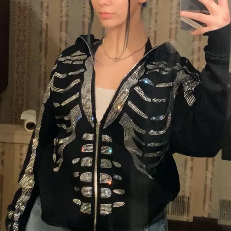 Znbbw Fashion Hot-selling Rhinestones Skeleton Print Black Y2k Gothic Long-sleeve Full Zip Hoodie Oversized Sweatshirt Jacket - Image 3