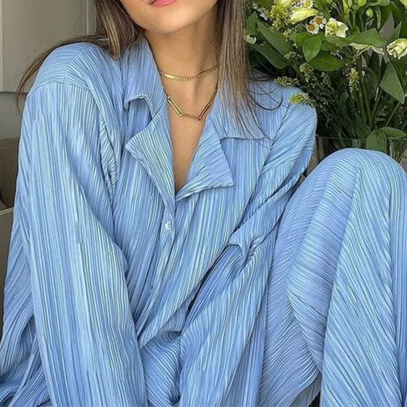 Znbbw Women Pleated Two Piece Sets Loose Wide Leg Trousers With Long Sleeve Blouses Elegant Casual Office Lady Home Suit Outfits Sets - Image 2