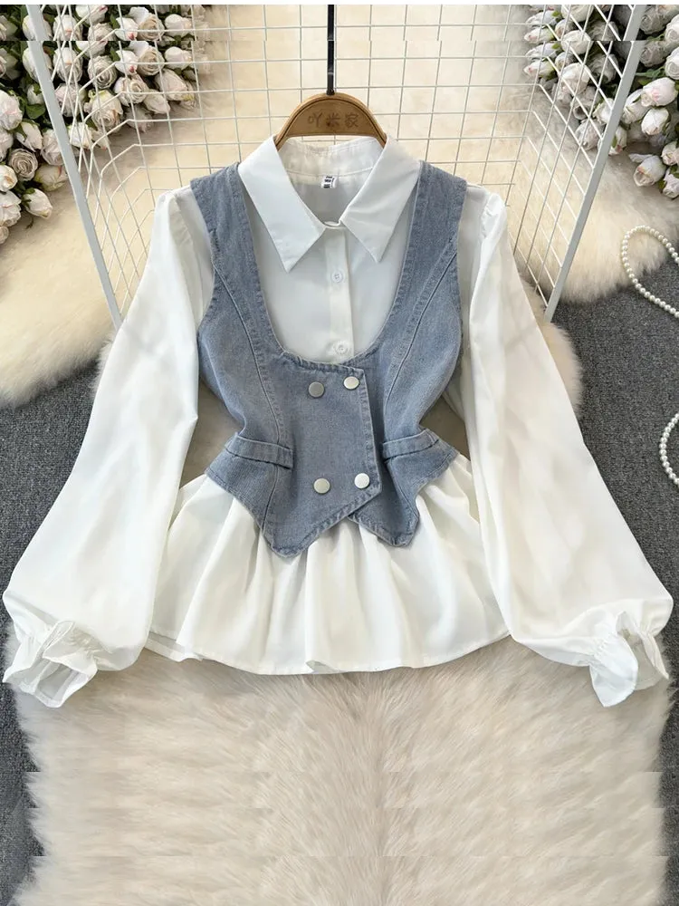 Znbbw Autumn Women's Vest Two piece Set Long sleeved Waist Lotus Leaf Shirt Two piece Set Denim Vest Tank Top Women's Top ML572 - Image 2