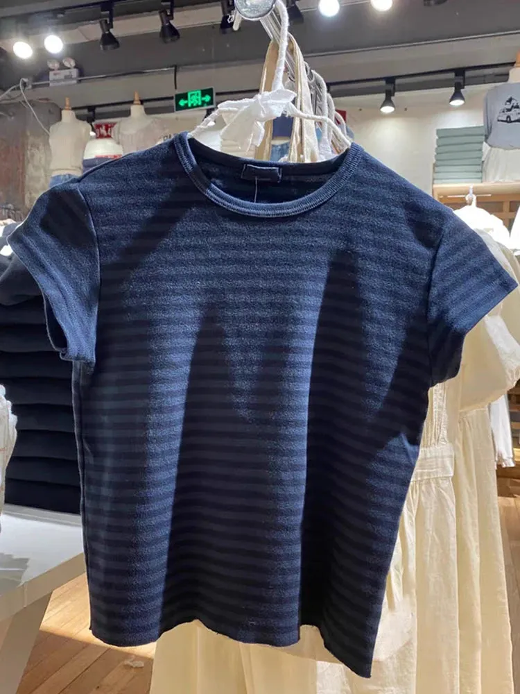 Znbbw Women Striped Cotton Slim Tees Casual Vintage Round Neck Raw Hem Short Sleeve T-shirts Female Streetwear Summer Y2k Crop Top - Image 2