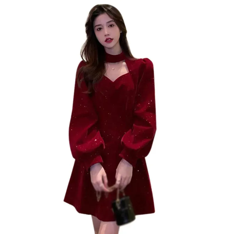 Znbbw Women's Dress Autumn And Winter Dress Slim Velvet Neck Elegant Dress - Image 7