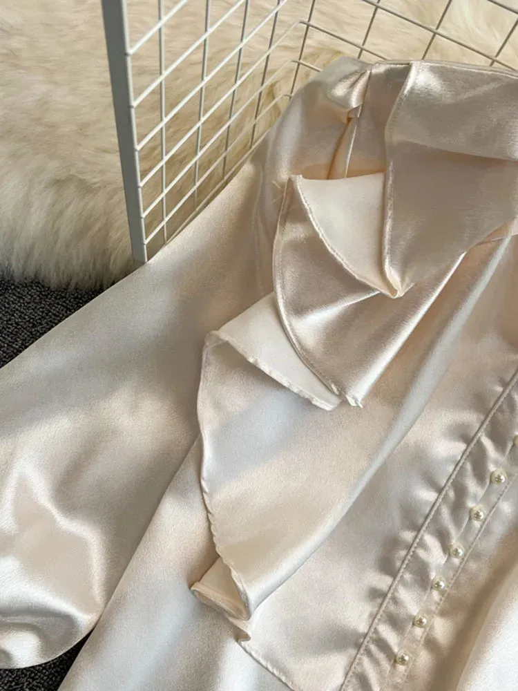 Znbbw Women New Spring Autumn Ruffled O-Neck Embroidered Flares Blouses Buttoned Ladies Temperament Trumpet Sleeves Shirt Tops D0489 - Image 3