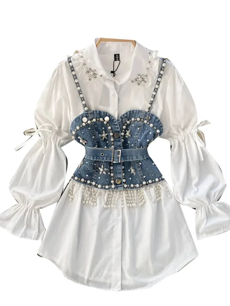 Znbbw Autumn New Blouse Women's Diamond Beaded Puff Sleeve Blusa Top Tassel Pearl Sling Waistcoat Two-piece Stacking Shirt C813 - Image 6