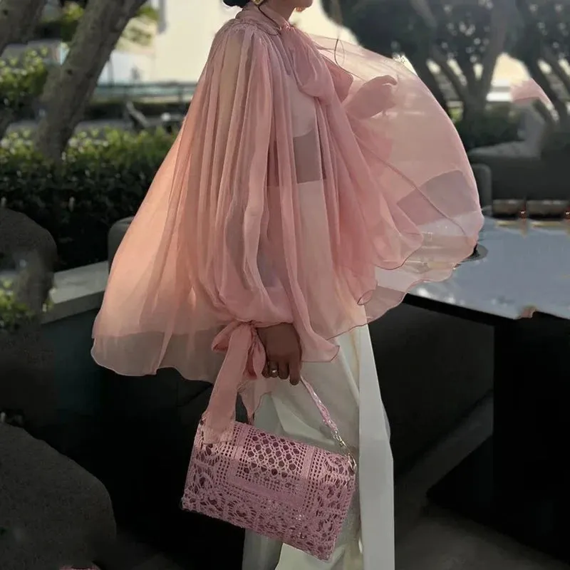 Znbbw Women Two Piece Set Summer Fashion Elegant Lace Up Long Sleeve Top Casual Loose Wide Legs Pants Sets High Streetwear - Image 2