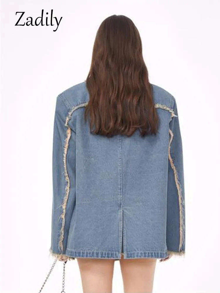 znbbw 2023 Winter Streetwear Long Sleeve Demin Blazer Women Oversize Distressed Ladies Suit Blazers Fall Female Coat Clothing - Image 5