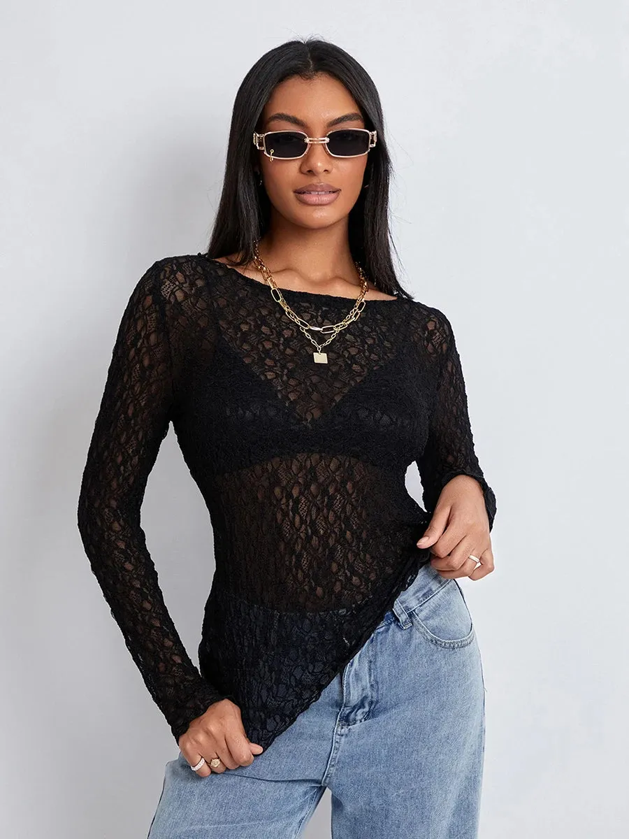 Znbbw Women's See-Through Lace Sheer Tops 2024 Fall New Chic Long Sleeve Round Neck Slim Fit T-Shirts Going Out Tops for Party - Image 6