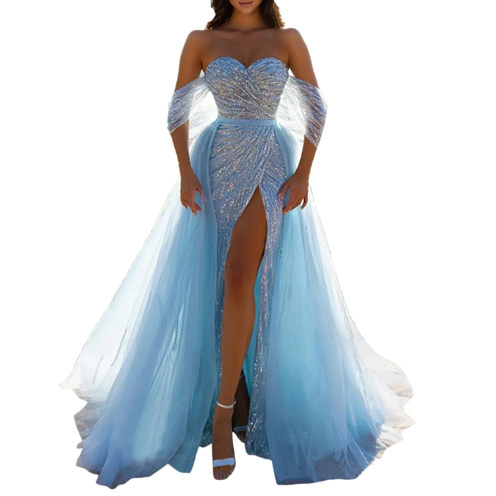 Znbbw 2024 Sexy Mesh Long Wedding Dress Blue Mermaid Sexy High Split Beaded Elegant Luxury Evening Dresses Gowns Prom Robe - Image 3