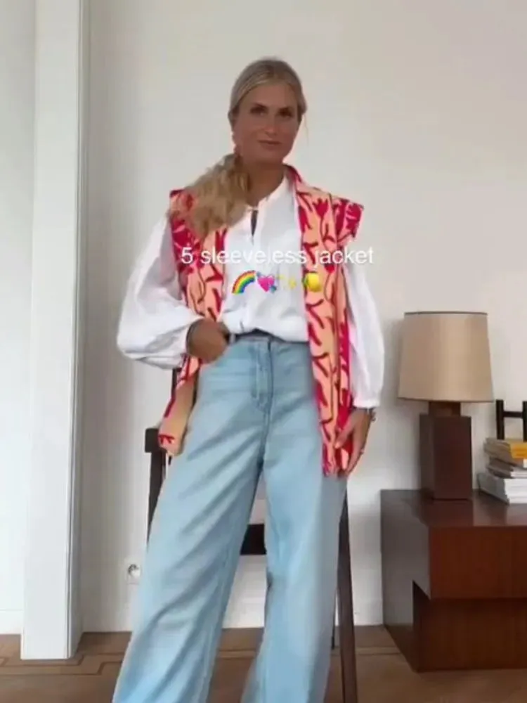 Znbbw Women's V-neck Vintage Printed Vest Coat Lady Fashion Casual Loose Sleeveless Tops 2023 Female Chic Elegant Club Street Wear - Image 3