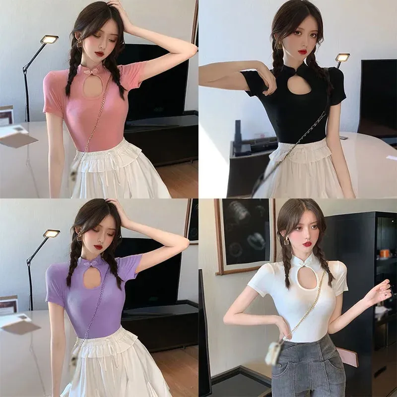 Znbbw Women's Chic Temperament Personality Cheongsam Short Slim T-shirt Short Sleeve Top - Image 2