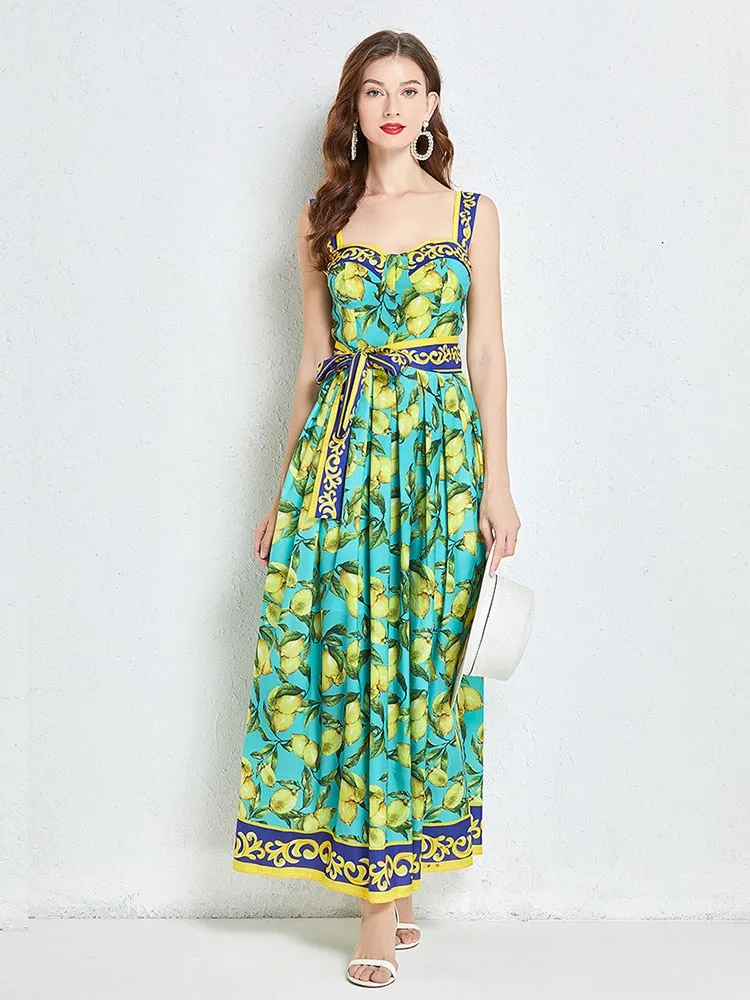 Znbbw Women's Runway Fashion Maxi Dress Summer Bohemia Lemon Print Lace Up Belt High Waist Vacation Long Spaghetti Strap Dress - Image 3