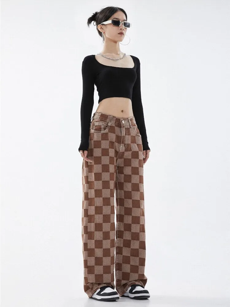 znbbw Women's Casual Vintage Plaid Wide Leg High Waist Jeans Pants 2023 Spring Hip Hop Streetwear Loose Straight Denim Trousers - Image 5