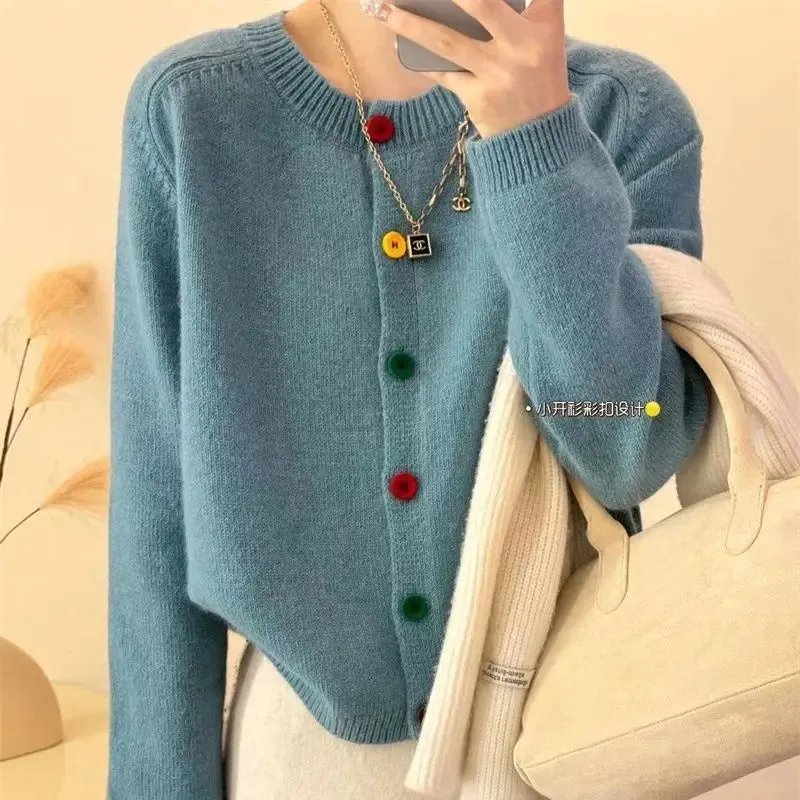 Znbbw Sweet and Fresh Round Neck Colorful Button Knitwear Coat Academy Style Western Versatile Sweater Women's Cardigan - Image 2