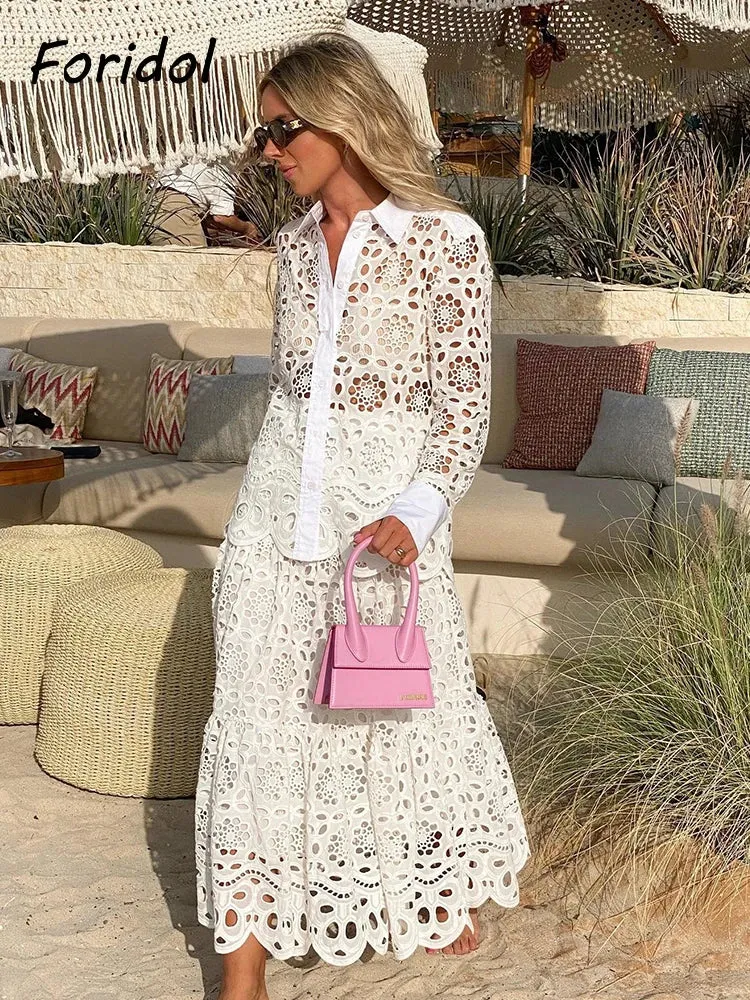 Znbbw Women Summer White Lace Dress Set Hollow Out Embroidery Shirt Skirt 2 Pcs Robe Outfits Single Breasting Cotton Maxi Dress - Image 2