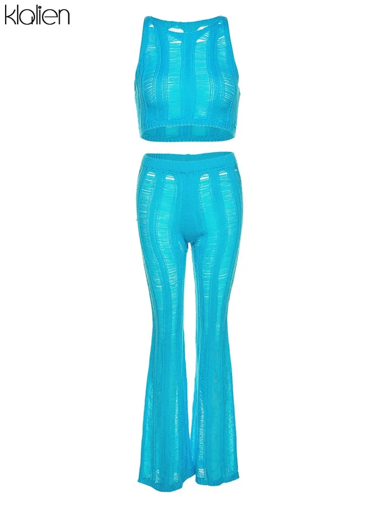 Znbbw Women Tracksuit Fashion Sexy See Through Crop Top and Flare Pants Two Piece Set Female Streetwear Y2K Activewear Suit - Image 6