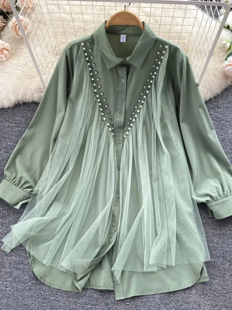 Znbbw Autumn High-end Mesh Gauze Studded Beads POLO Collar Dress Female Cold Wind White Temperament Shirt Top Women Blouse D1489 - Image 9