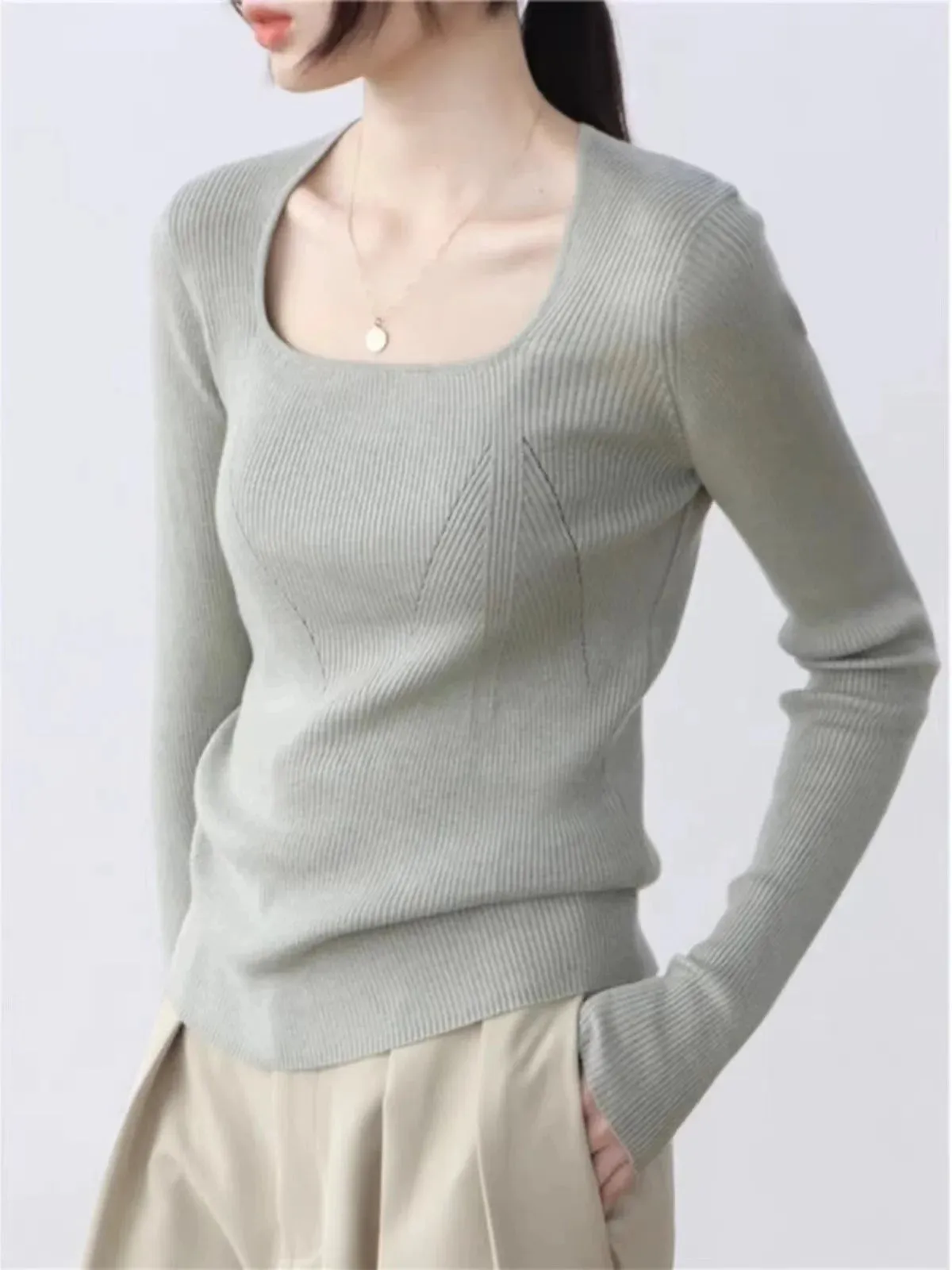 Znbbw Autumn Long Sleeve Knitted Sweater Pullovers Girls Square Collar Tops Jumpers Women Base Jumper Slim Knitwear - Image 6