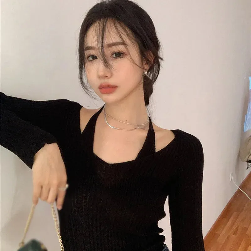 Znbbw Womens Knit Sweater Long Sleeve Off Shoulder Halter Neck Tops Sexy Pullover Casual Loose Blouse Jumper Sweaters - Image 10