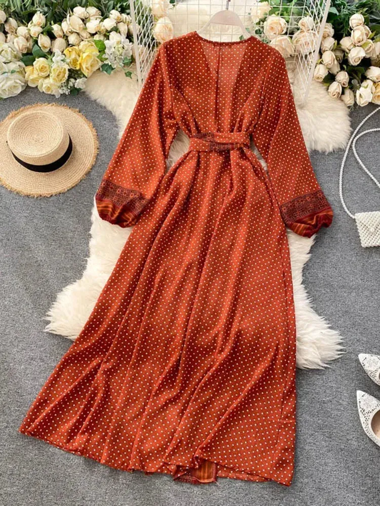Znbbw Autumn Women's Holiday Dress 2024 New Thin Chiffon Retro Print Lace-up Waist Slim Long Dress for Women LL975 - Image 3