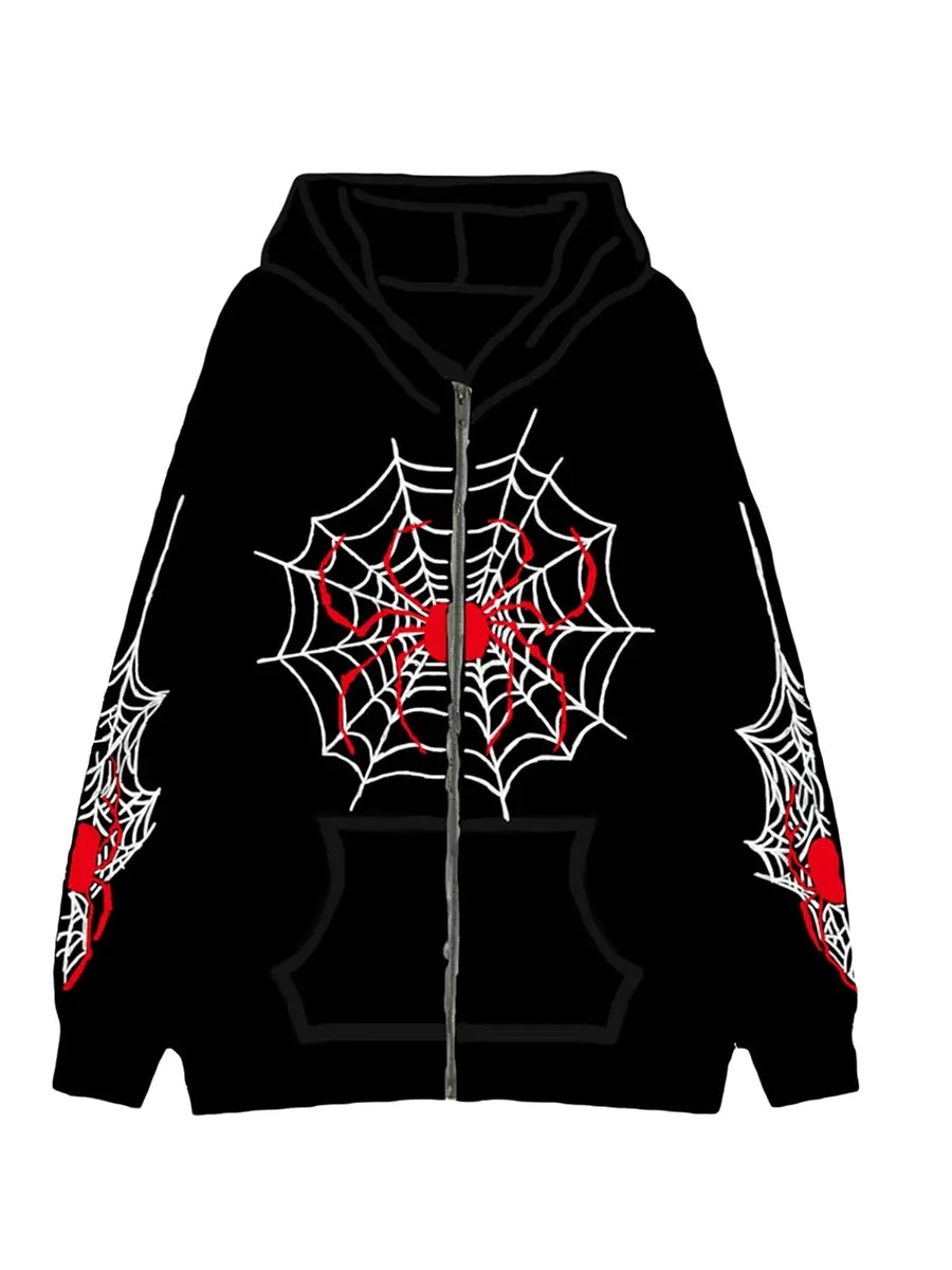 Znbbw Women's Halloween Casual Hooded Coat Long Sleeve Spider Web Print Zip Up Hoodie with Pockets - Image 4