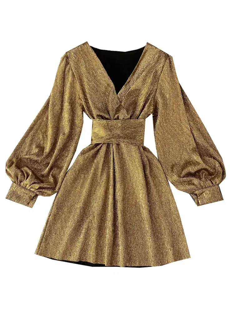 Znbbw Autumn Women's Bright Color Dress V-neck Lantern Sleeve Gold Bright Silk Lace Retro Dress Female Sexy Party Dress GD205 - Image 6