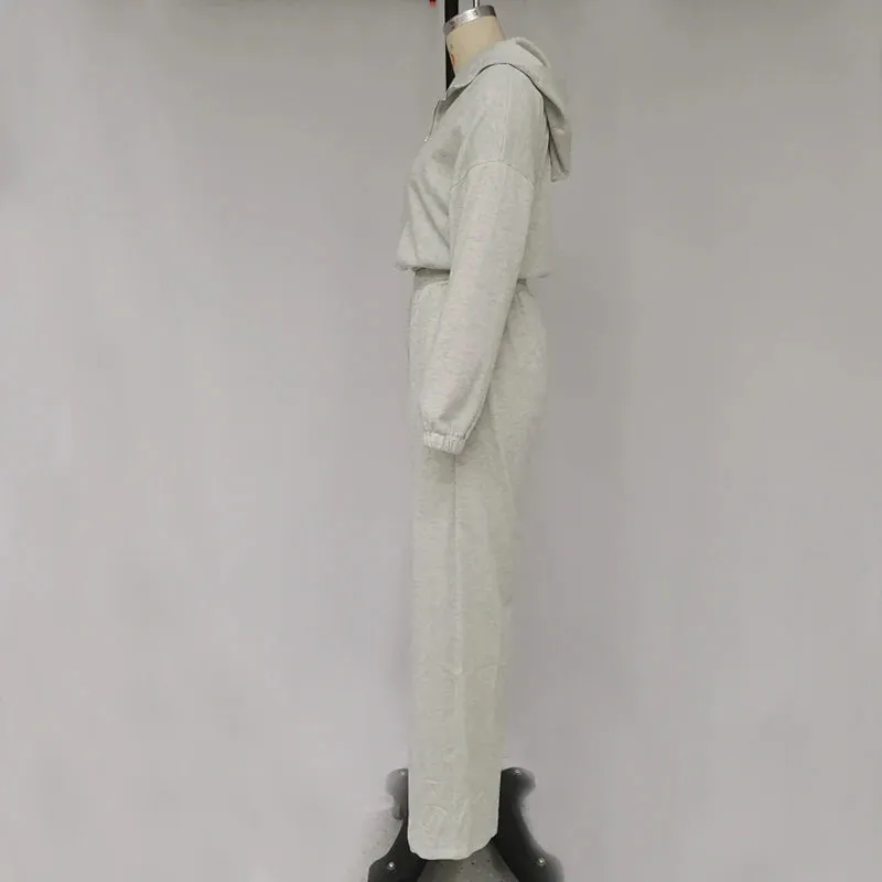 Znbbw 2 Piece Sets Women Outfit Autumn Fashion Casual Solid V Neck Zipper Nipped Waist Hooded Top Loose Pants Sets With Pockets - Image 4