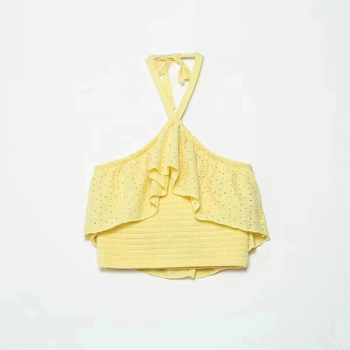 Znbbw Women Yellow Lace Halter Sexy Top Knitted Elastic Ruffles Hollow Out White Crop Top Summer Autumn Cotton Camis 2024 - Image 7