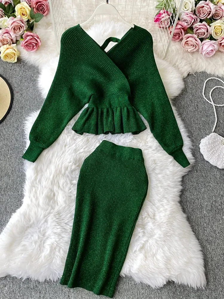 Znbbw Women's High Waist Bright Silk Knit Bag Hip Skirt Two-piece Fashion V-neck Sweater Bat Sleeve Two-piece Women's Sets GD123 - Image 7